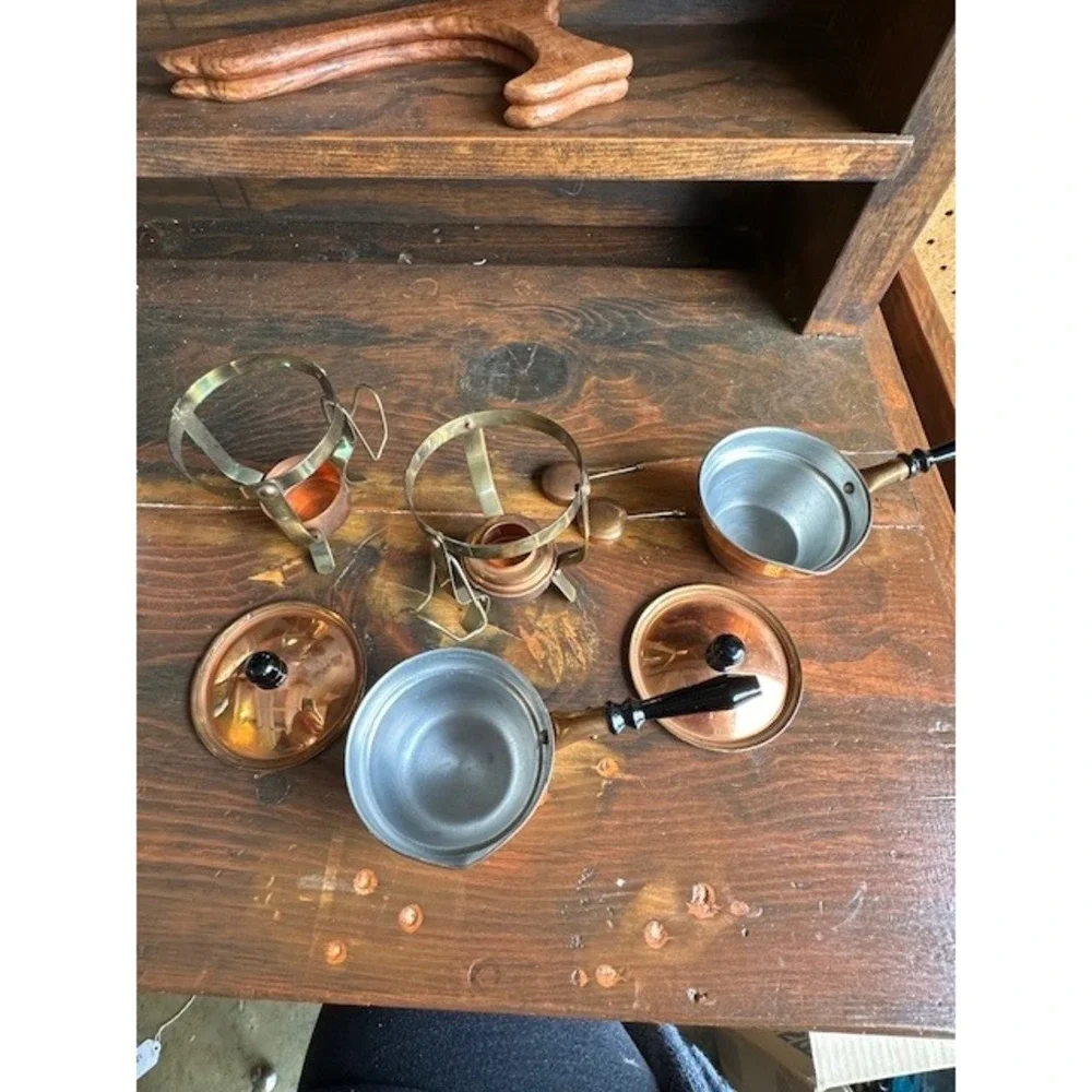 Vintage Copper‎ and Brass Butter Warmer Set with Stands and Lids - Set of 2